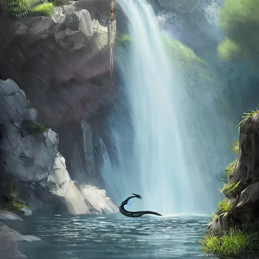 Image similar to slender dragon relaxing by a waterfall, digital painting, artstation, art by Jaime Jones