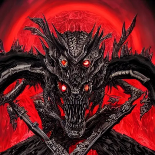 Prompt: a dark matter schizophrenia sphare limbo digital art angry demon in iron armor and dragon bones with diamonds sits on the black throne of death and looks with red eyes into the darkness against the background of a bright red sun