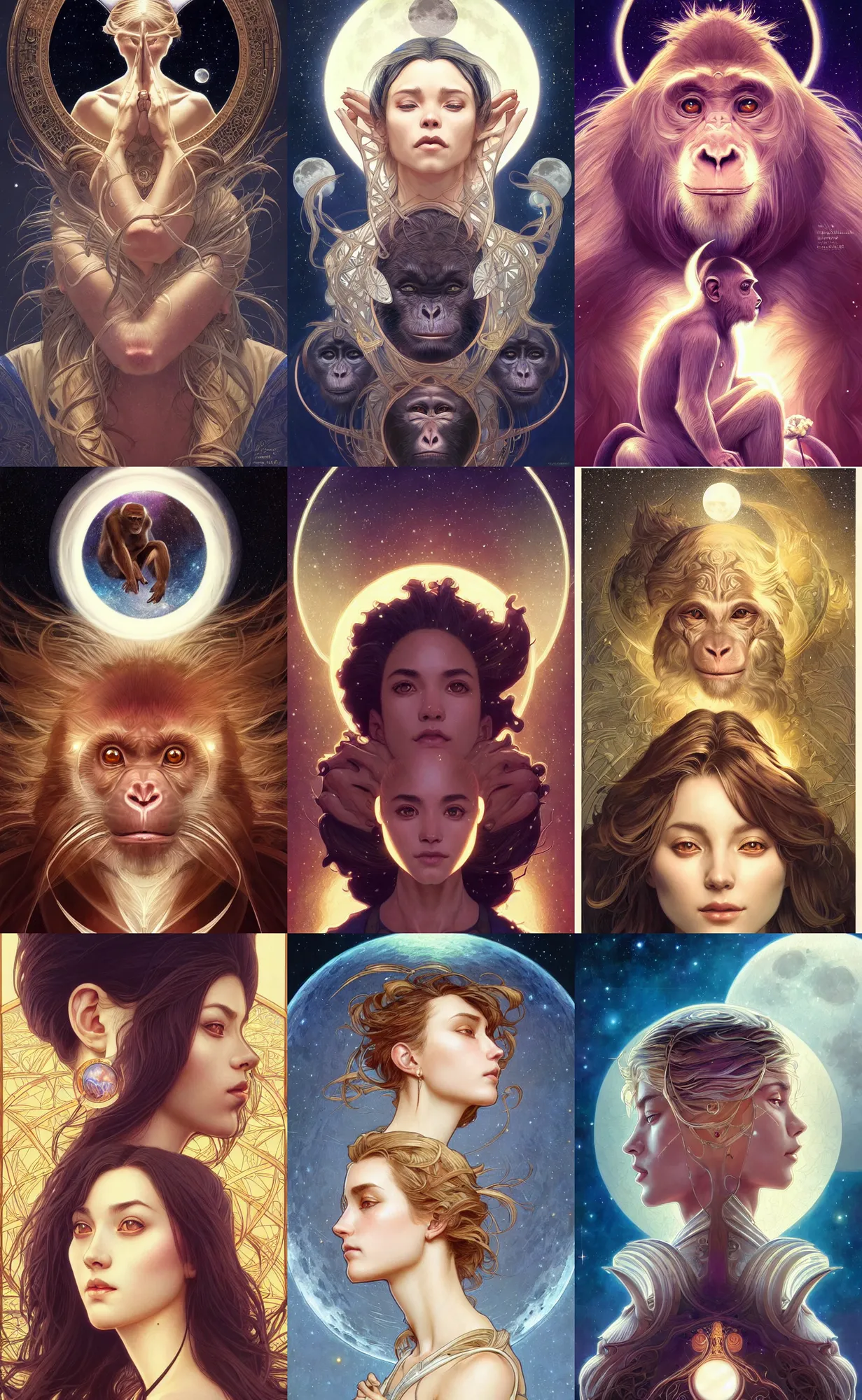 Prompt: symmetry!! ultra realistic portrait of primates! cover art!!! moon and galaxy in background!, intricate, elegant, highly detailed, digital painting, artstation, concept art, smooth, sharp focus, illustration, art by artgerm and ross tran and greg rutkowski and alphonse mucha, 8 k