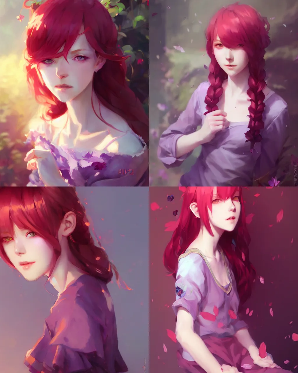 Prompt: girl with red hair and purple clothing, flower decoration on the background, a beautiful half body illustration, top lighting, perfect shadow, soft painting, art by hidari and krenz cushart and wenjun lin