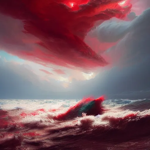Prompt: turbulent ocean made of dark - red energy under a bed of loquaciously indulgent cloudy skies, emanating red mist, illustrated by greg rutkowski and gaston bussiere, artstation, cgsociety contest winner, intricately defined, complexly detailed, zbrush, mannerism, 4 k