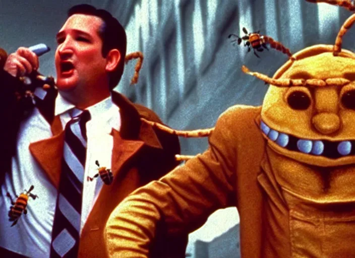 Image similar to film still of ted cruz as the candyman with bees coming out of his mouth in candyman 1 9 9 2