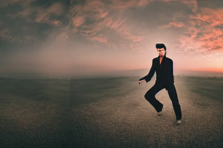 Prompt: 5 0 mm dslr photograph of a moody elvis presley at sunset, ethereal dancing in the center, photography, panoramic view, hyperdetailed, lightroom preset, photorealistic, unsplash