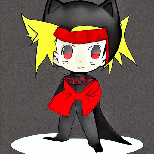 Prompt: little boy with cat ears in an black latex suit with red cape. digital artwork made by kohei horikoshi, inspired by western comic