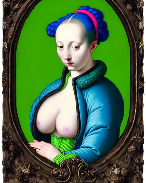 Prompt: portrait of a pale curvy woman with blue hair buns, wearing a neon green puffer jacket, standing in a botanical garden, intricate details, high detail, in a high renaissance style, in the style of jacopo da pontormo, by mark ryden, punk, asian art,