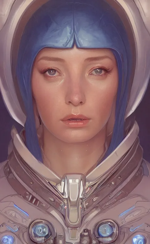 Image similar to portrait of a blue alien wearing a tight and smooth space suit, intimidating, intricate, headshot, highly detailed, digital painting, artstation, concept art, sharp focus, cinematic lighting, illustration, art by artgerm and greg rutkowski, alphonse mucha, Moebius, Jean Giraud, cgsociety