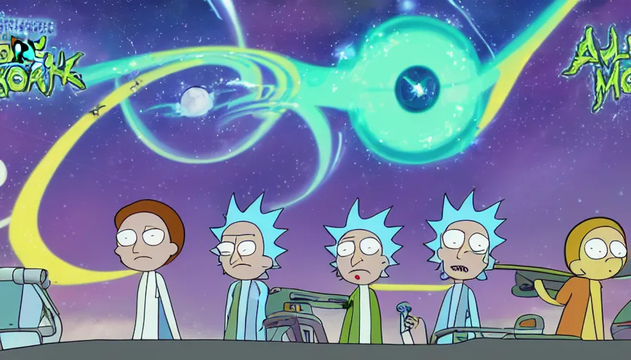 Image similar to galaxy, planets, civilization, e - scooter invasion, rick and morty style