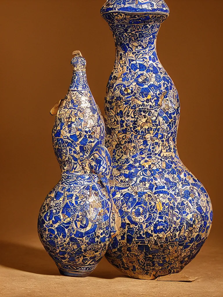 Prompt: a ceramic amphora from Talavera de la Reina covered by iron spikes, surrounded by rats, studio lighting