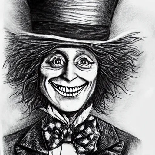 Image similar to horrifying charcoal drawing of the mad-hatter-willie-wonka-babadook