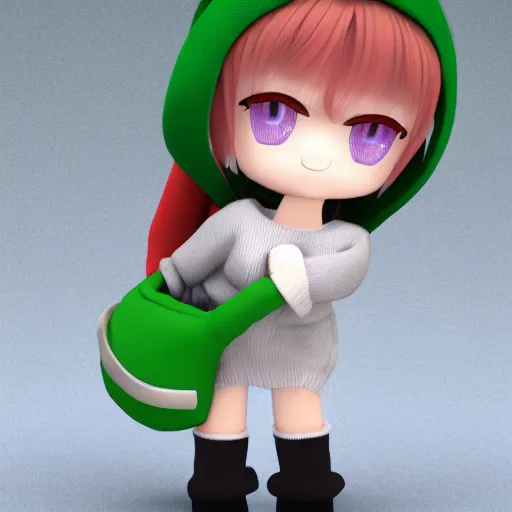 Prompt: cute fumo plush of a girl in a green hoodie with a giant wrench, vray