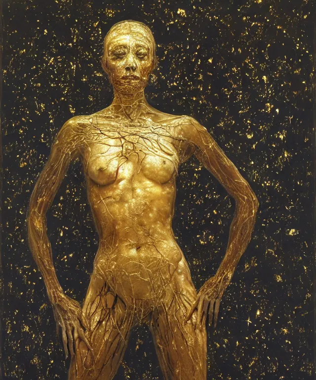 Image similar to Beautiful full-body wax sculpture of glowing transparent woman with visible gold bones covered with melted white wax inside the singularity where stars becoming baroque folds of dark matter by Michelangelo da Caravaggio, Nicola Samori, William Blake, Alex Grey and Beksinski, dramatic volumetric lighting, highly detailed oil painting, 8k, masterpiece