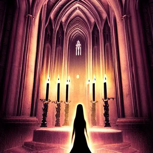 Image similar to a beautiful gothic girl inside a dark gothic cathedral illuminated by candles, impressive scene. grainy and rough. soft colour scheme. beautiful artistic detailed digital art