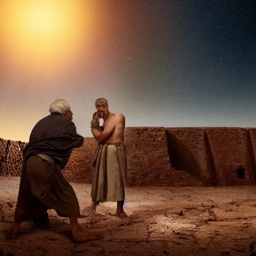 Image similar to film still of 80 year old stunned Mediterranean skinned man in ancient Canaanite looking up at the nightime sky, star filled background, Biblical epic movie