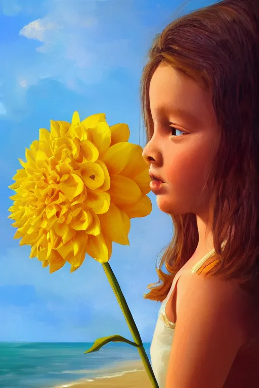 Prompt: closeup girl with huge yellow dahlia flower face, on the beach, surreal photography, blue sky, sunrise, dramatic light, impressionist painting, digital painting, artstation, simon stalenhag