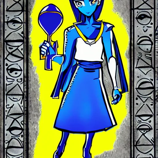 Image similar to a jojo bizarre adventures artstyle drawing : Marie the mother of Jesus dressing blue and yellow next to the pyramids