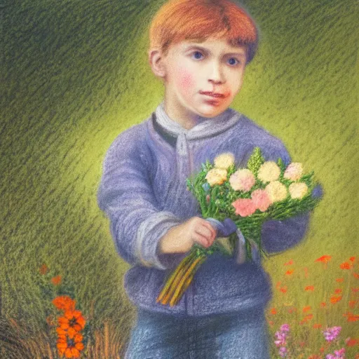 Image similar to a young boy is holding a bouquet of flowers, a pastel by bourgeois, pixabay, art & language, stockphoto