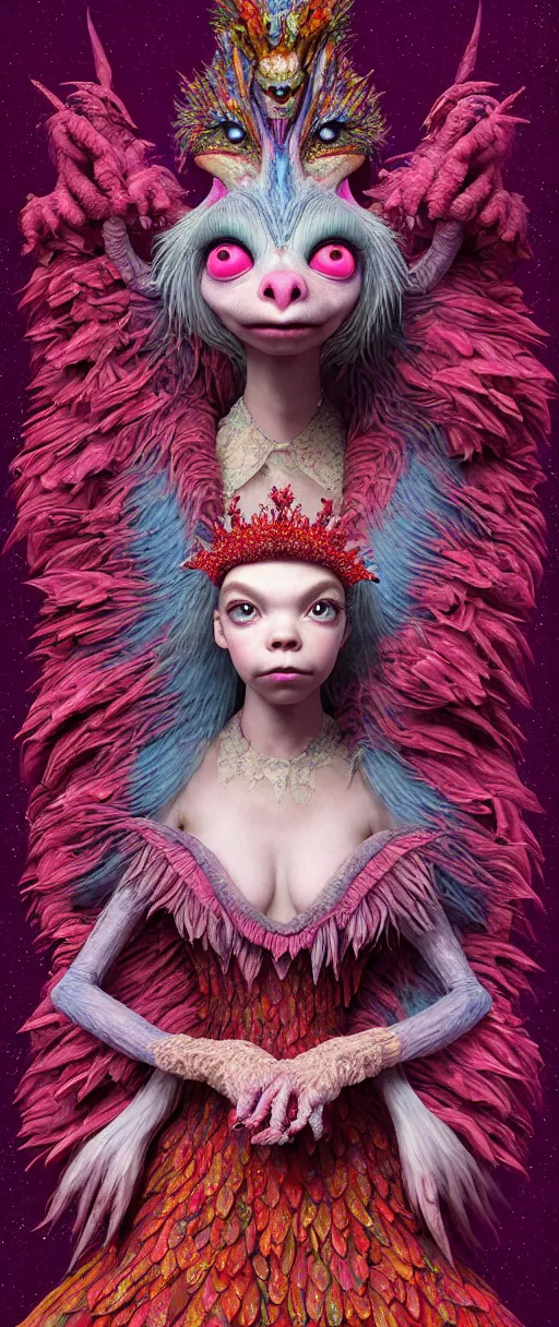 Image similar to hyper detailed 3d render like a Oil painting - kawaii portrait of quirky Aurora (a beautiful skeksis muppet fae queen from dark crystal that looks like Anya Taylor-Joy) seen red carpet photoshoot in UVIVF posing in scaly dress to Eat of the Strangling network of yellowcake aerochrome and milky Fruit and His delicate Hands hold of gossamer polyp blossoms bring iridescent fungal flowers whose spores black the foolish stars by Jacek Yerka, Ilya Kuvshinov, Mariusz Lewandowski, Houdini algorithmic generative render, Abstract brush strokes, Masterpiece, Edward Hopper and James Gilleard, Zdzislaw Beksinski, Mark Ryden, Wolfgang Lettl, hints of Yayoi Kasuma and Dr. Seuss, octane render, 8k