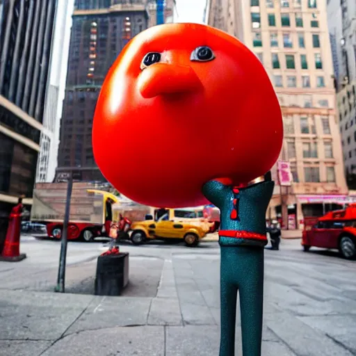 Prompt: a photograph of a humanoid tomato statue saluting, it has a tomato as a head, in the middle of new york, shot with premium dslr camera