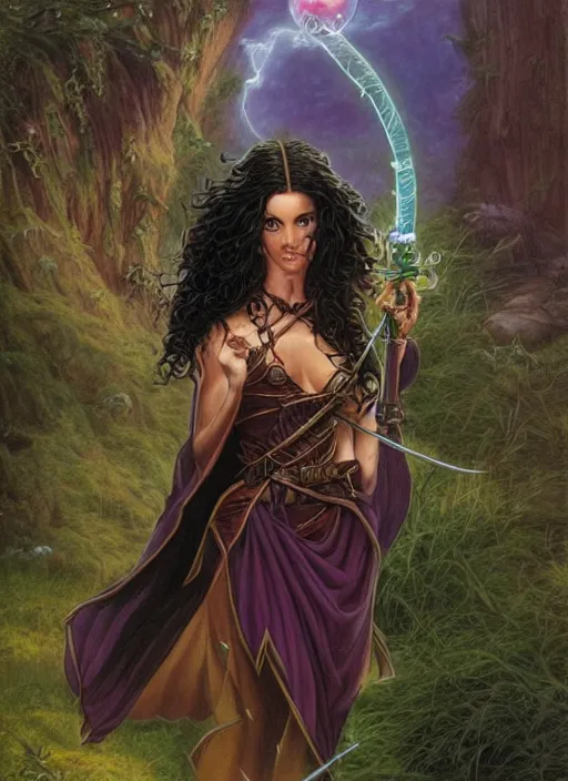 Prompt: a beautiful elf witch with long curly dark hair, holding a wand with a very large magical gemstone at the top radiating energy, d & d fantasy character, detailed matte painting, studio lighting, octane render, by larry elmore and michael whelan