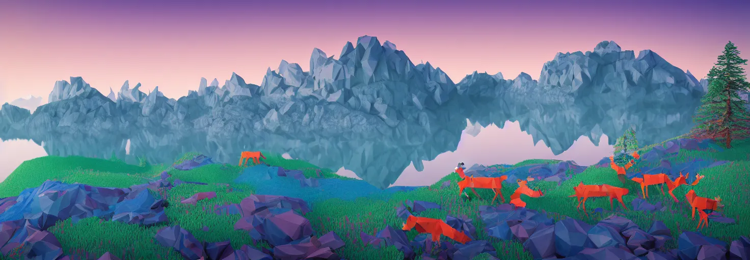 Image similar to super detailed color lowpoly art, northern sunset with rocks on front, blured monochromic lake in the middle of perspective and foggy mountains at background, graphic reindeers in random points, unreal engine, david hockney color palette, 3d render, lowpoly, colorful, digital art