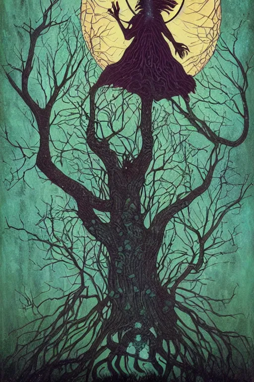 Image similar to tarot card, haunted woods, Art nouveau, by andy kehoe