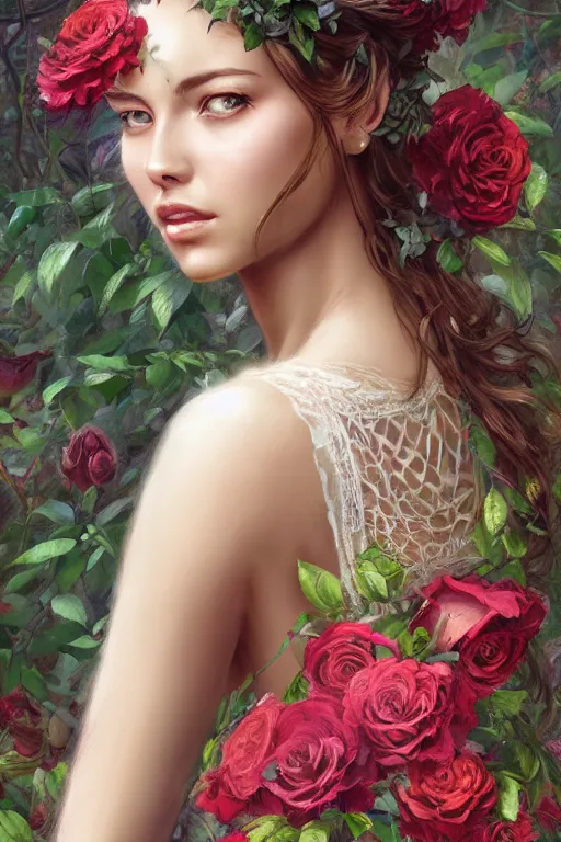 Prompt: beautiful woman in the middle of a lush garden with roses in her hair and an intricate gown, highly detailed, portrait, artstation, art by artgerm and greg rutkowski,