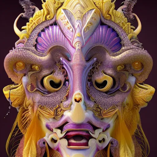 Prompt: 3 d goddess fractal close - up frontal portrait with ram golden skull. beautiful intricately detailed japanese fractal kitsune mask and clasical japanese kimono. betta fish, jellyfish fractal, bio luminescent, plasma, ice, water, wind, creature, mandelbulb, fractal, artwork by tooth wu and wlop and beeple and greg rutkowski