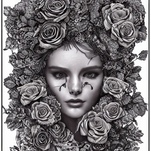 Image similar to the anatomy of a head of lettuce with roses that resemble a beautiful woman, an ultrafine detailed painting by james jean, intricate linework, bright colors, final fantasy, behance contest winner, vanitas, angular, altermodern, unreal engine, global illumination, radiant light, detailed and intricate environment