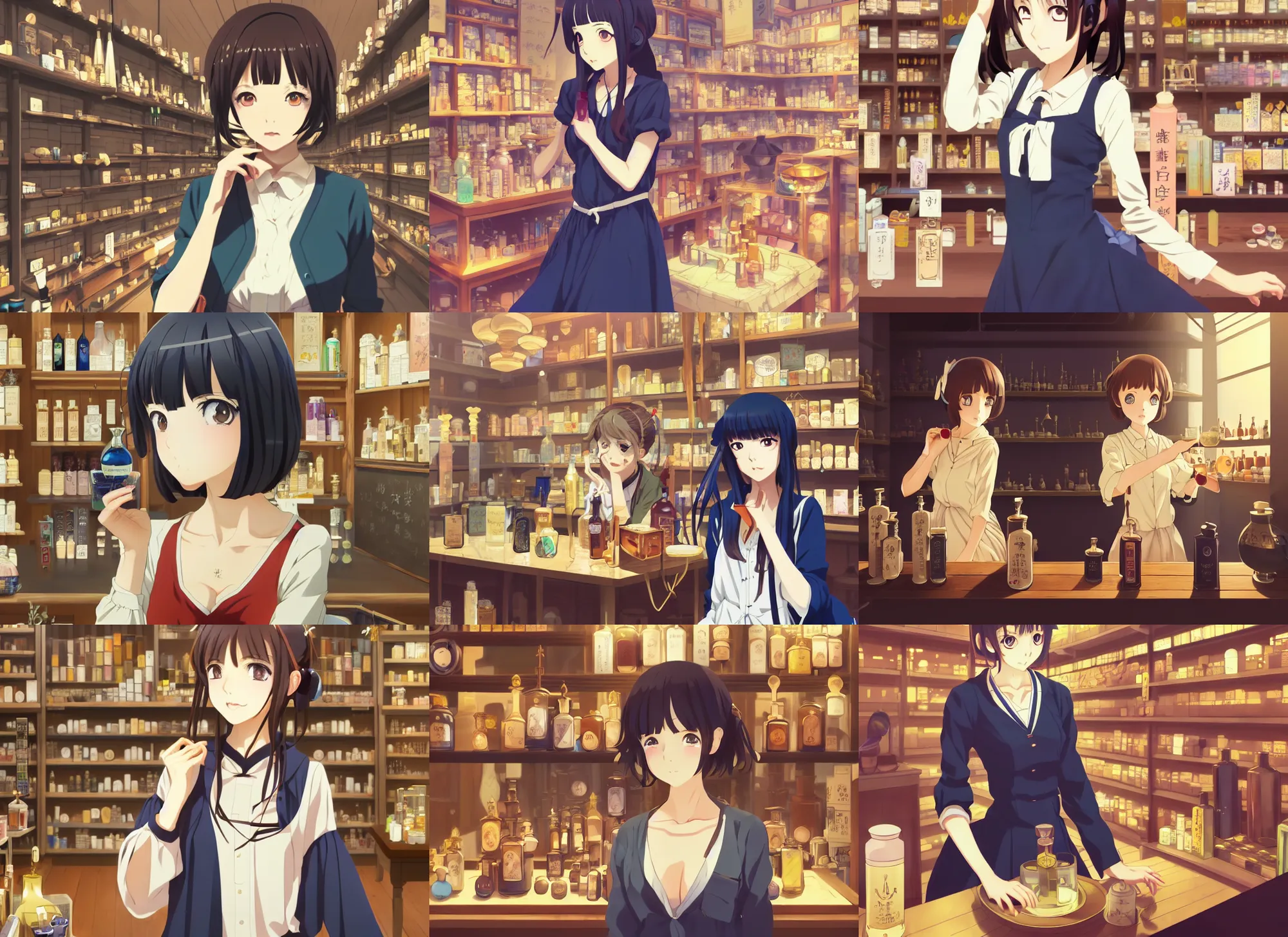 Prompt: anime visual, portrait of a young female traveler in a alchemist's potion shop interior shopping, cute face by ilya kuvshinov, yoh yoshinari, makoto shinkai, katsura masakazu, dynamic pose perspective, cel shaded, flat shading mucha, rounded eyes, moody, detailed facial features, blue black gold