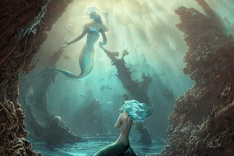 Prompt: a beautiful mermaid looking at the sunken city of Atlantis under water, rays of sunlight, stunning undersea grand architecture in the style of Joe Fenton, art style by Greg Rutkowski and Mohrbacher, deep underwater scene, dark and moody, faint volumetric god rays, grim crushing atmosphere