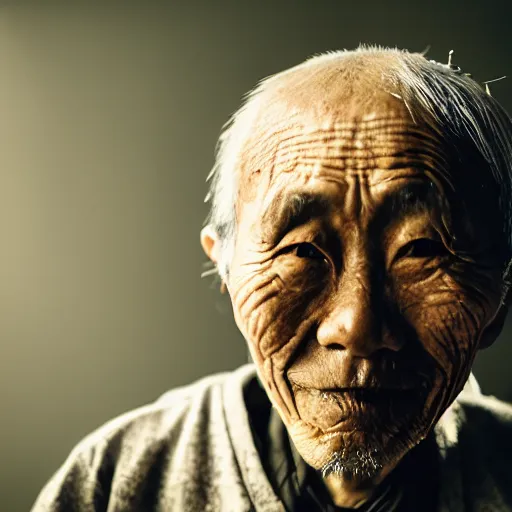 Image similar to a character portrait photo of an old japanese man, flickr contest winner, neo-expressionism, art photography, hyperrealism, chiaroscuro, anamorphic lens flare, shallow depth of field, photo taken with provia, 24mm, f1.8, by Filip Hodas, by Andrew Domachowski