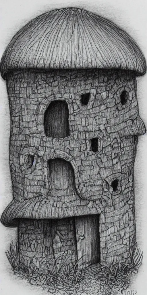 Image similar to pencil drawing of a mushroom house, highly detailed