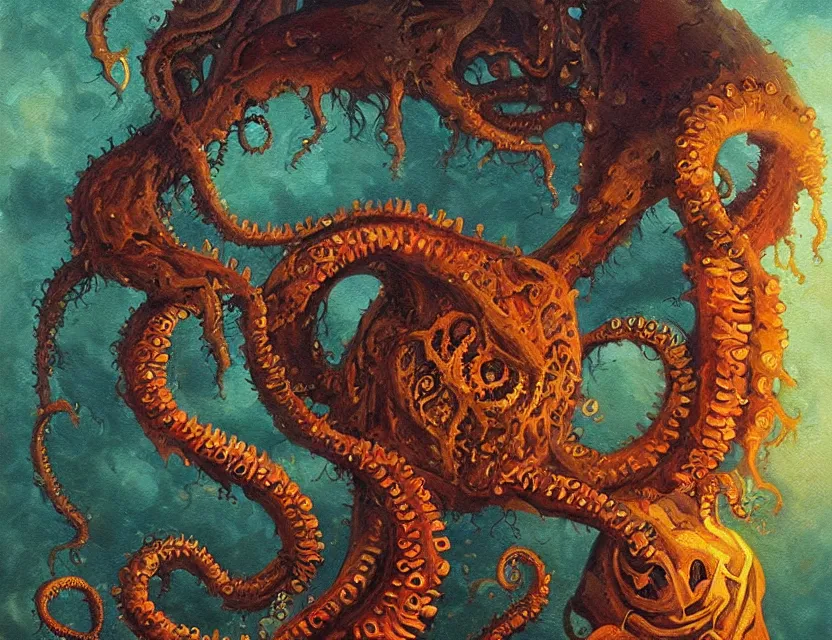 Prompt: lovecraftian destroyer of hearts. this oil painting by the beloved children's book illustrator has a beautiful composition, interesting color scheme and intricate details.