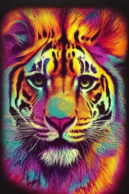 Image similar to damaged lisa frank daguerreotype, muted colours, detailed psychedelic gothic feline portrait of lion headed demonic chaos god in the service of Slaanesh , tiger stripes, leopard spots