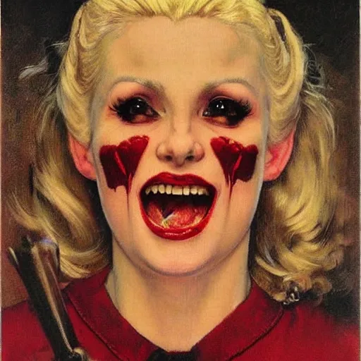 Image similar to beautiful blonde female VAMPIRE portrait, norman rockwell, craig mulins, trending on pxiv, scary