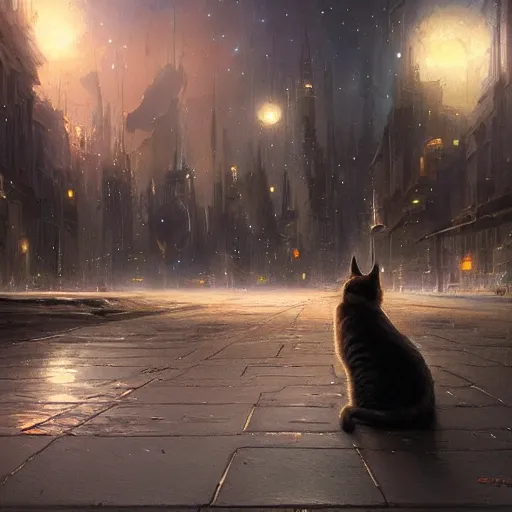 Image similar to Concept art, beautiful painting of a cat, shining its light among stars, wandering around a metropolis city, 8k, james gurney, greg rutkowski, john howe, artstation