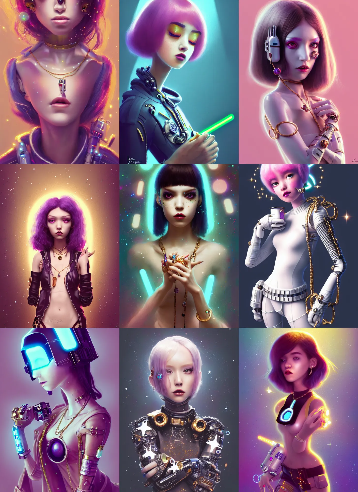 Prompt: pixar 8 k photo, beautiful shiny white porcelain rich grand pearlescent emo edc star wars decora cyborg college woman, rapper jewelry, golden ratio, sci fi, fantasy, cyberpunk, intricate, decadent, highly detailed, digital painting, octane render, artstation, concept art, smooth, sharp focus, illustration, art by loish, wlop