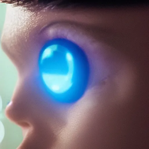 Image similar to film still of Black Mirror Episode about an Artificial Intelligence that becomes Sentient , VFX, 2022, 40mm lens, shallow depth of field