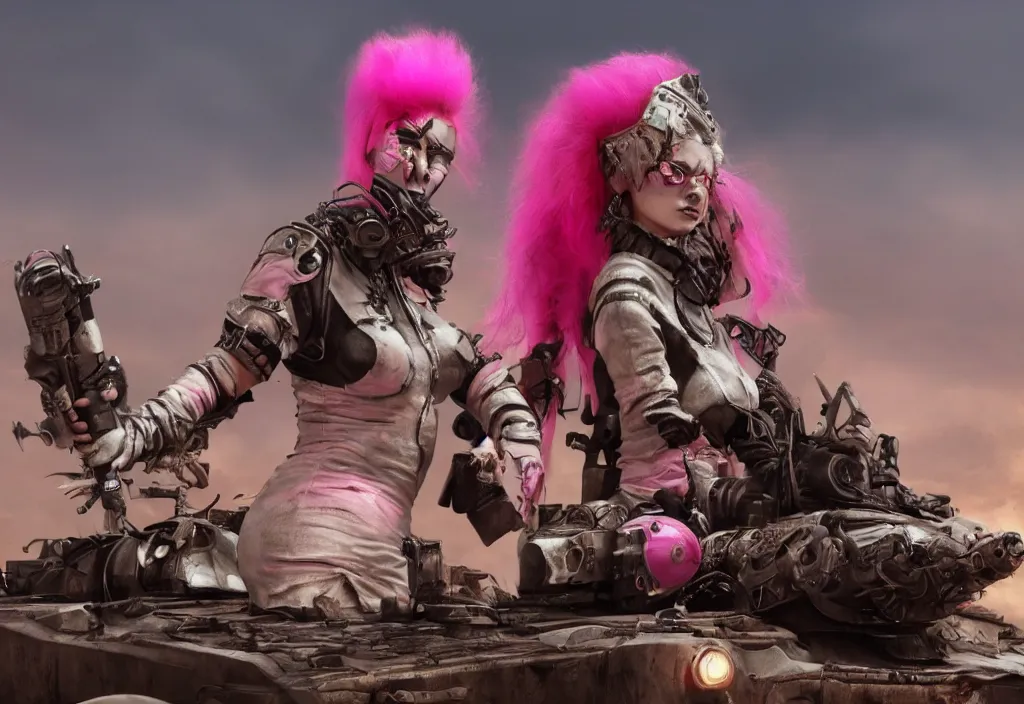 Image similar to beautiful apocalyptic woman with pink Mohawk, posing on mad max panzer tank, 4k ultra hd, fantasy dark art, artstation, octane render