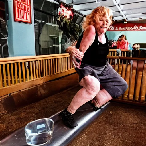 Image similar to sports illustrated photo, an elderly woman sliding wildly down an incredibly long ice luge on her back out of control at an incredibly high speed