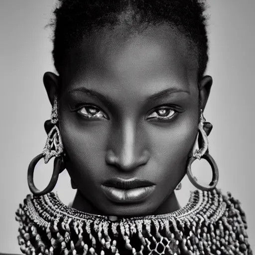 Image similar to vintage portrait of a stunningly beautiful west african tribal female, depth of field, zeiss lens, detailed, symmetrical, centered, fashion photoshoot, by edward s curtis, Annie Leibovitz and Steve McCurry, David Lazar, Jimmy Nelsson, Breathtaking, 8k resolution, extremely detailed, beautiful, establishing shot, artistic, hyperrealistic, beautiful face, octane render