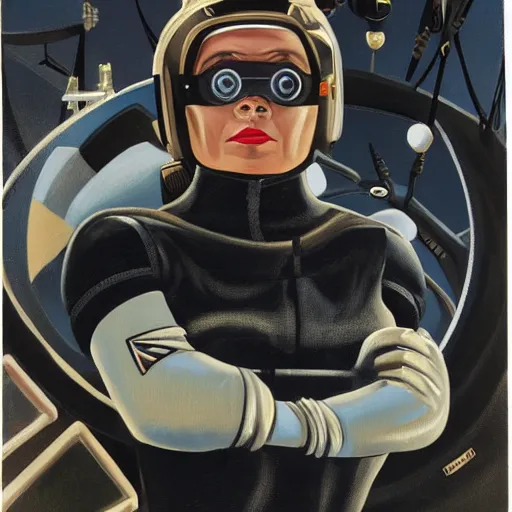 Prompt: square - jawed emotionless serious blonde woman starship engineer, tribal tattoos, handsome, short slicked - back hair, sweating, uncomfortable and anxious, looking distracted and awkward, wearing victorian dark goggles, flight suit and gloves, small spacecraft in background, highly detailed, oil painting