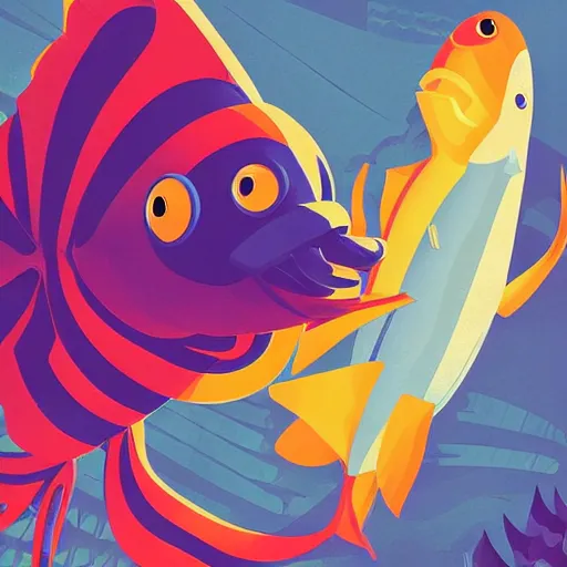 Image similar to profile of one stylized fish in center of view, photo studio, artstation, intricate, realistic, highly detailed, digital painting, concept art, sharp focus, illustration by tom whalen and charles williams and kilian eng and james jean