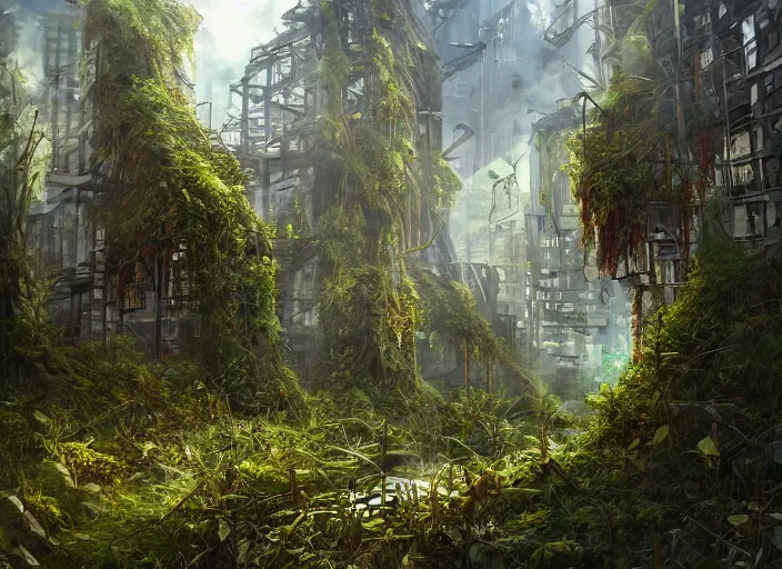 Image similar to overgrown foliage overtaking tall destroyed buildings, biopunk, scenery, professional, award - winning, trending on artstation, detailed, realistic, beautiful, emotional, shiny, golden, picture