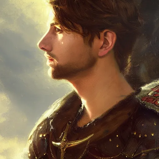 Prompt: an oil painting of a portrait of a super handsome medieval european young prince, broadly king arthur, magical, fairy tale, dreamy light, by wlop, greg rutkowski, thomas kinkade, super detailed, 3 d, hdr on, 4 k wallpaper