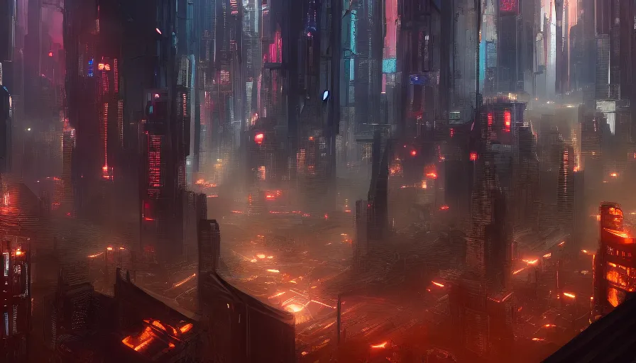 Prompt: giant cyberpunk megacity, very long shot, enviroment, extremely detailed, jama jurabaev, greig fraser, roger deakins, shaddy safadi, feng shu, neil blevins, trending on artstation, high quality, brush stroke