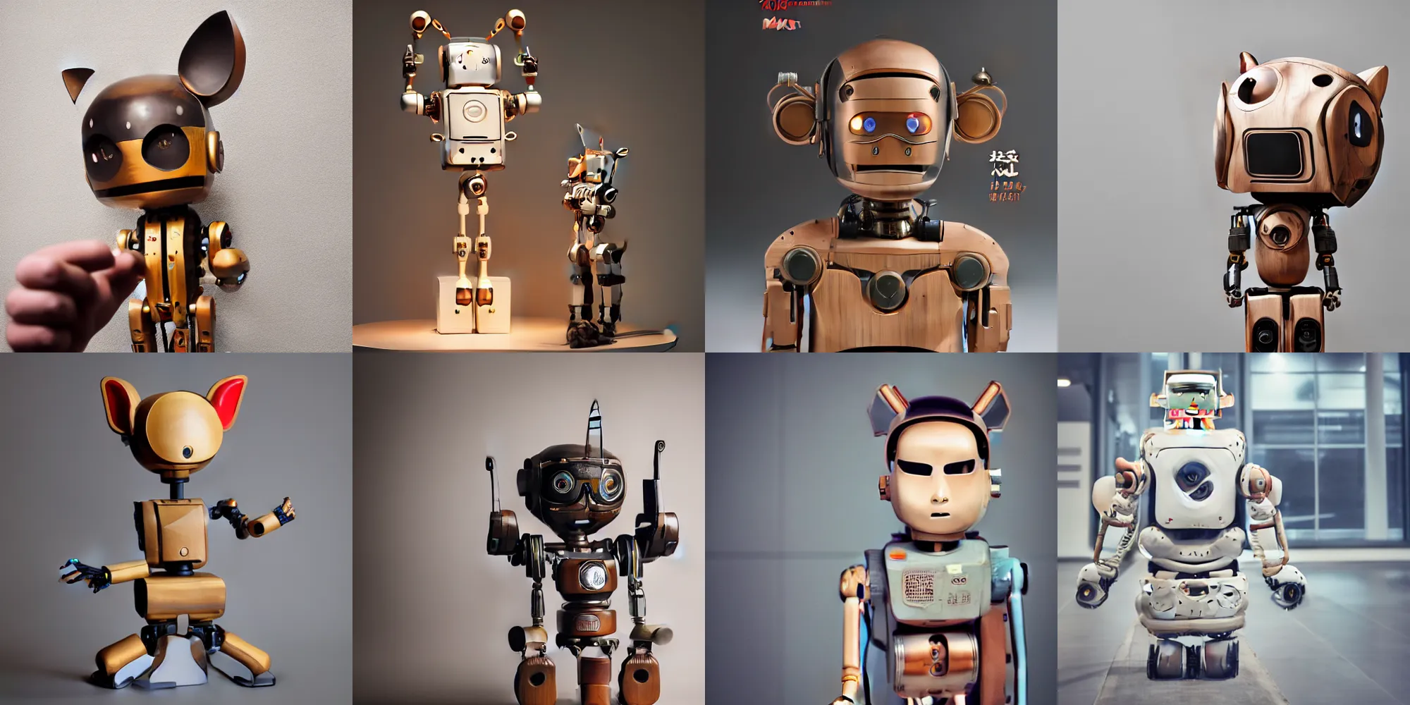 Prompt: 8k octan advertising photo, a totally wooden sculpture collection art toys on feet, very cute robot zen with cat ears, cyberpunk a contemporary art gallery works of art by dent Wu