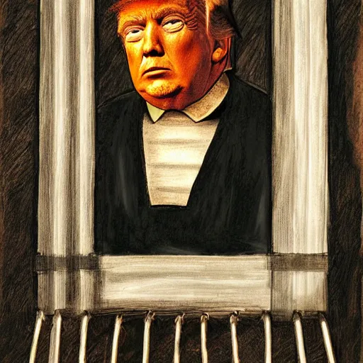 Image similar to donald trump as a prisoner behind bars in prison clothing, sad, dramatic, powerful, painted by leonardo da vinche