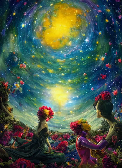 Image similar to An epic fantastic realism comic book style painting of the most beautiful entwined flowers launched across the dark and starry night sky, nebulous bouquets, fisheye lens, unreal 5, DAZ, hyperrealistic, octane render, dynamic lighting