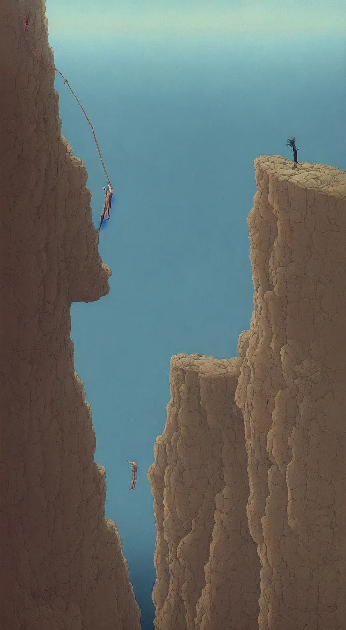 Prompt: a detailed painting of a single woman hanging from the side of a cliff overlooking the end of the world by Studio Ghibli trending on ArtStation Beksinski, Greg Hildebrandt, 8k highly detailed ❤️‍🔥 🔥 💀 🤖 🚀